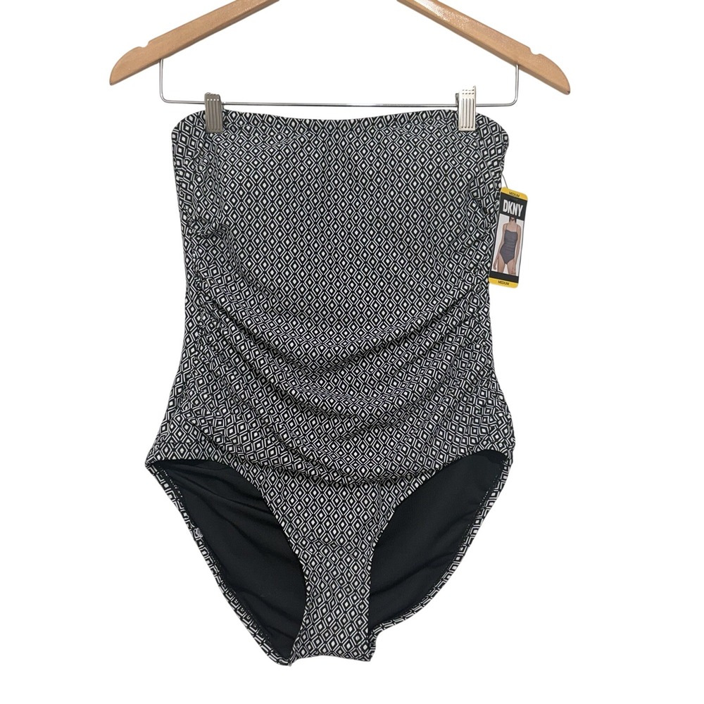 NWT DKNY Strapless Shirred One-Piece Swimsuit, Black White Geo, Sz M, MSRP $118 - Picture 2 of 10